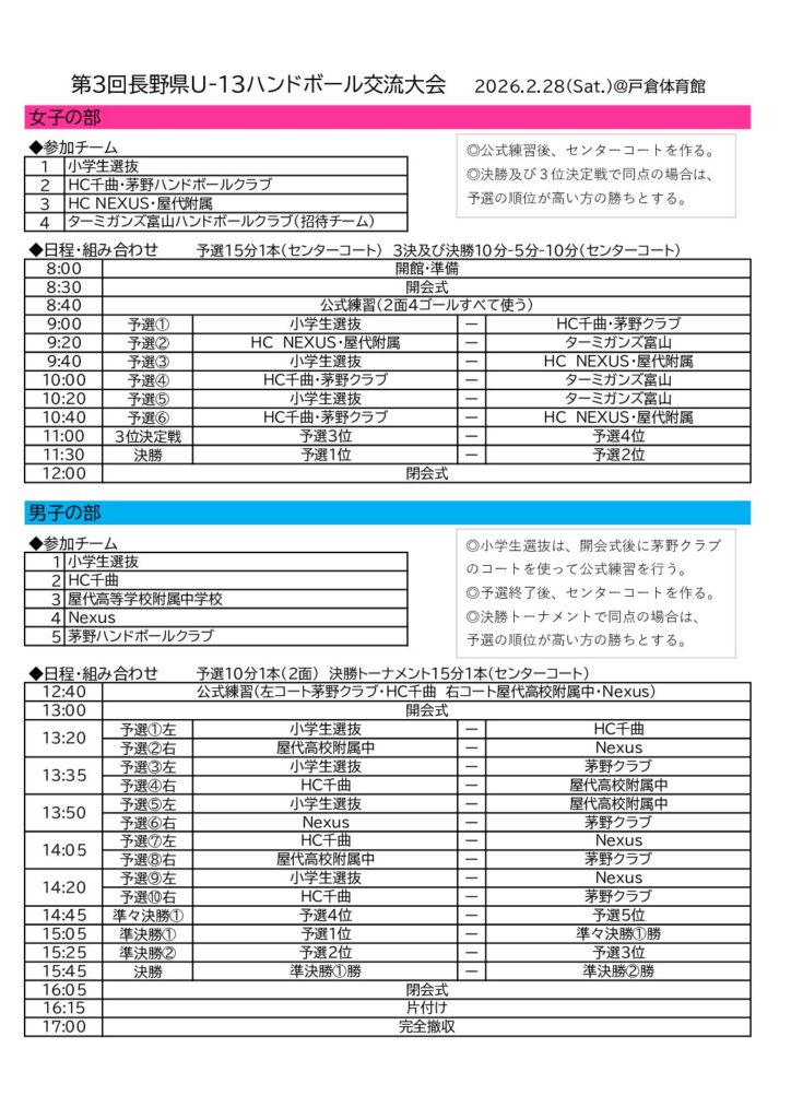第３回長野県U-13ハンドボール交流大会　組み合わせ